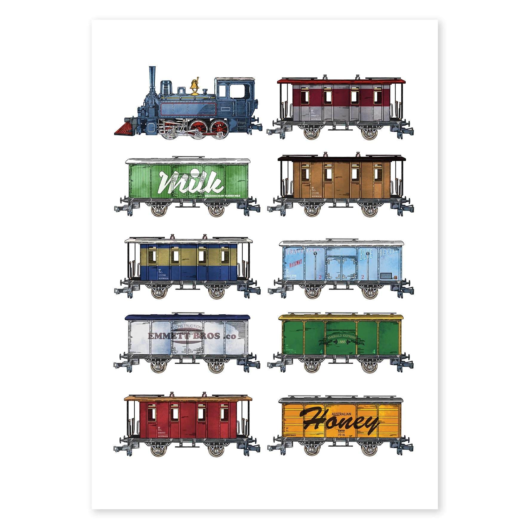 All Aboard locomotive vintage train collector Fine Art Print boys room wall art nursery Rolling Panda