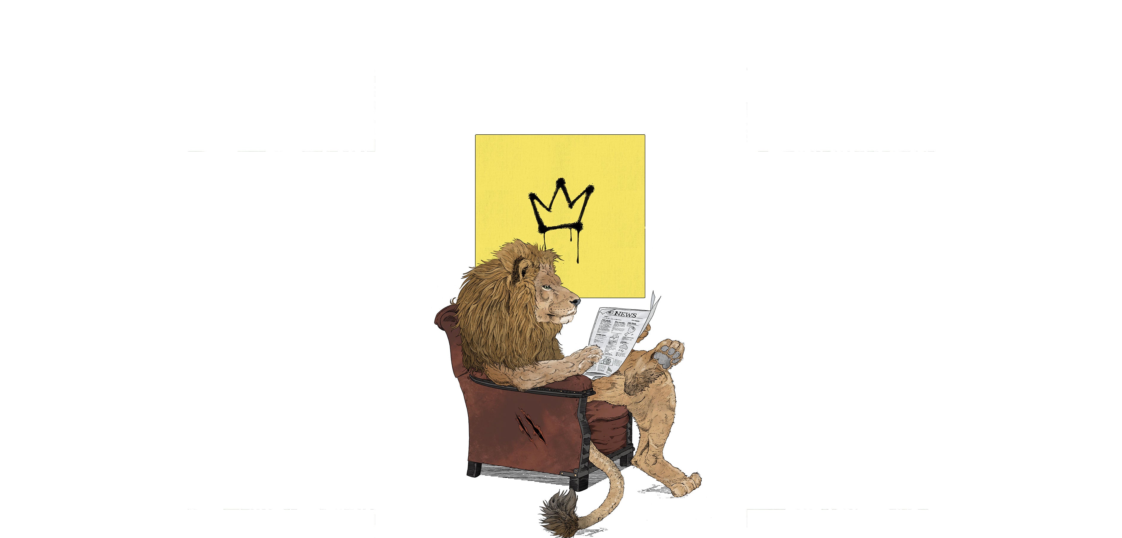 Boys room inspo mood board with lion king fine art wall print hand illustrated with yellow canvas and crown