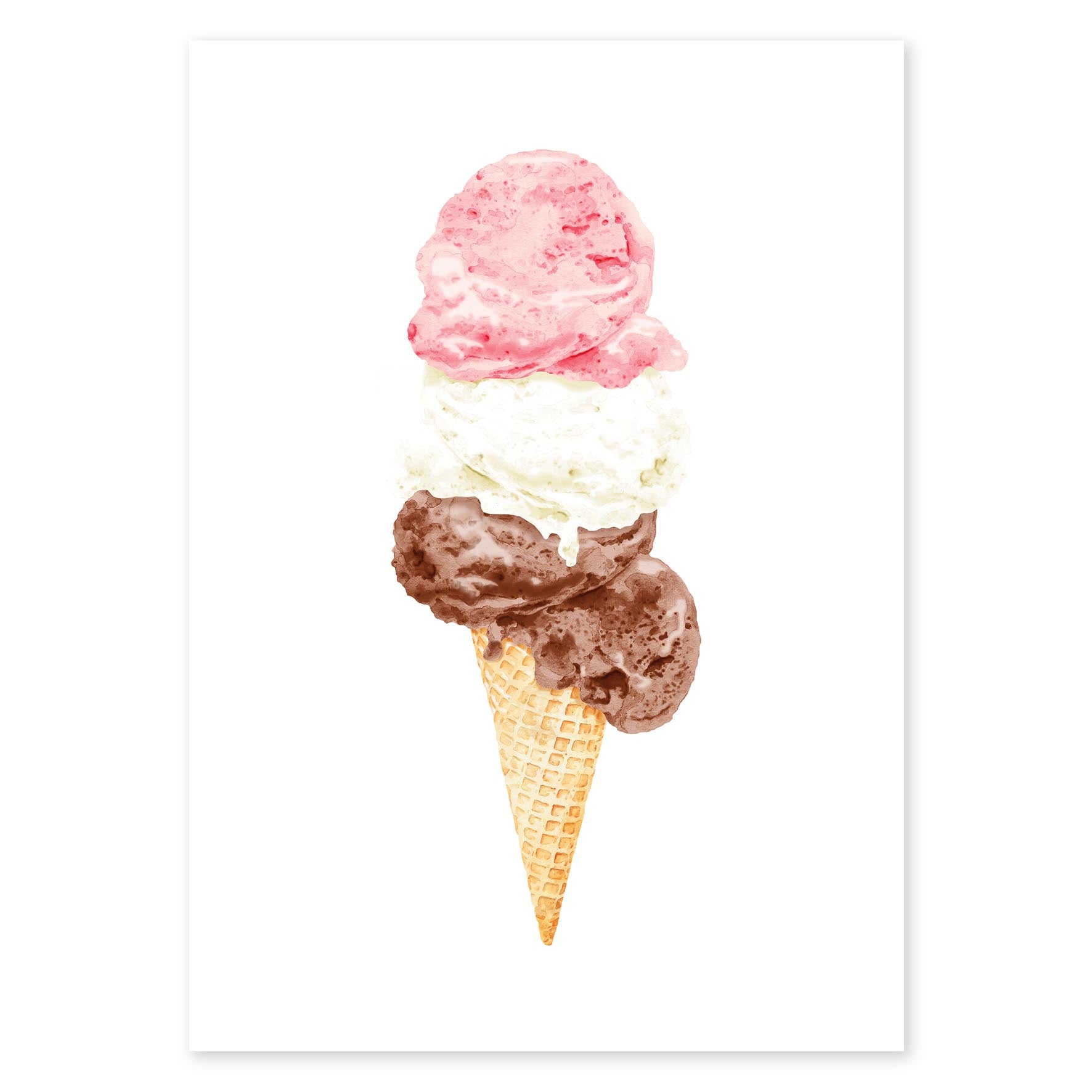 Triple treat neapolitan ice cream with waffle cone fine art print wall art colourful