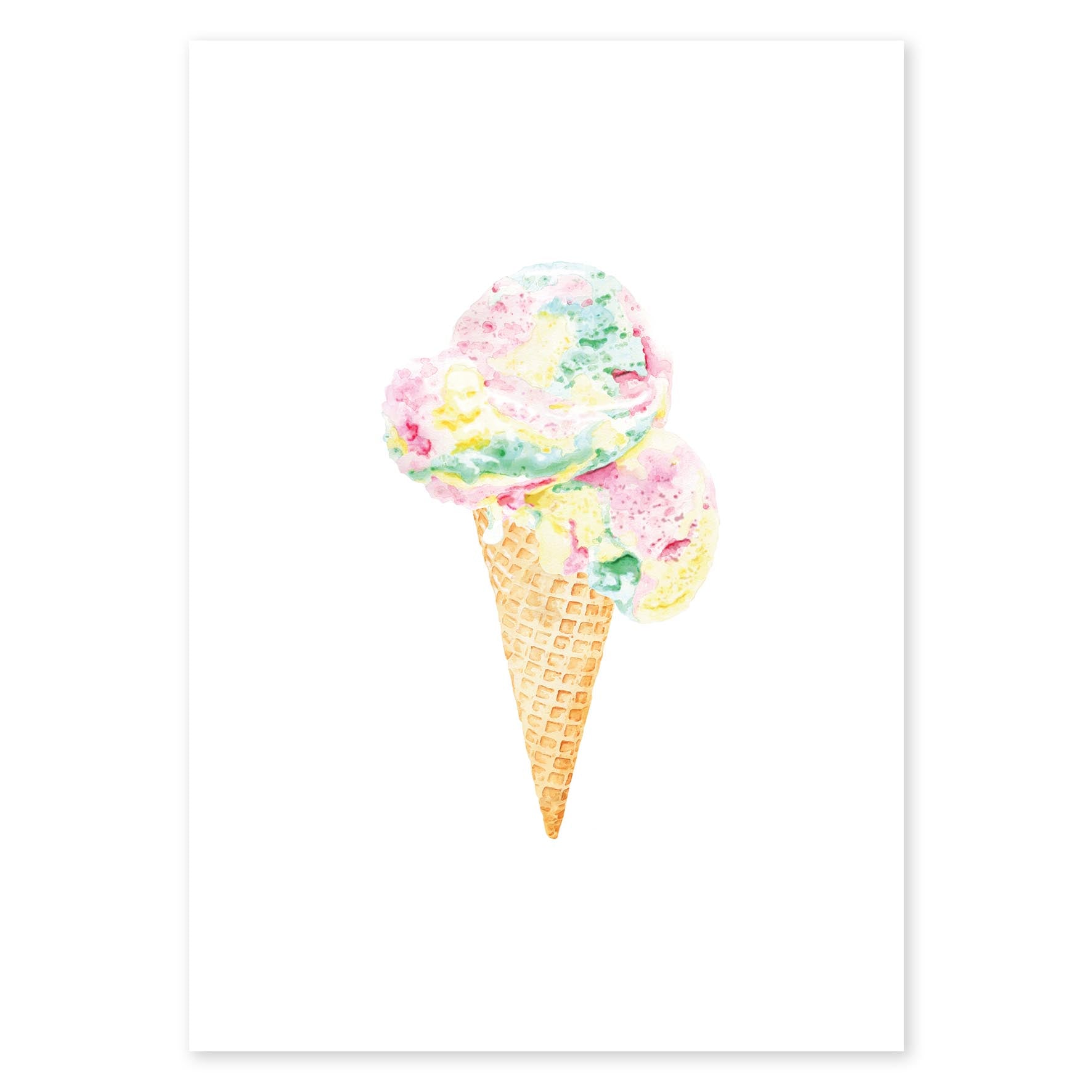 Rainbow scoops ice cream with waffle cone fine art print wall art colourful